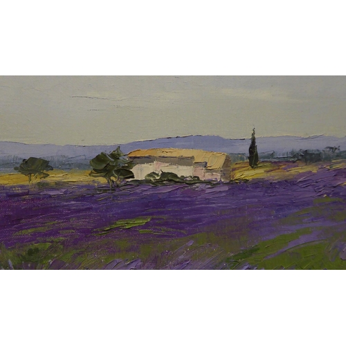 91 - VICTOR ZAROU (French, b.1930) 'Lavender Field in Valensol', oil on canvas, signed lower right, 48cm ... 