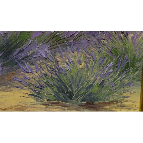 91 - VICTOR ZAROU (French, b.1930) 'Lavender Field in Valensol', oil on canvas, signed lower right, 48cm ... 