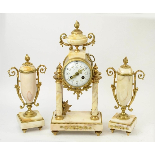 19 - GARNITURE CLOCK SET, French, 'La Cloche' Paris, white dial, eight day, onyx and gilt metal, with two... 