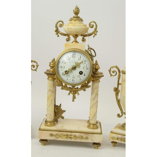 19 - GARNITURE CLOCK SET, French, 'La Cloche' Paris, white dial, eight day, onyx and gilt metal, with two... 