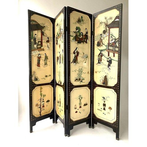 565 - CHINESE SCREEN, 172cm x 182cm H, early 20th century, yellow four fold, bone and stone mounted.