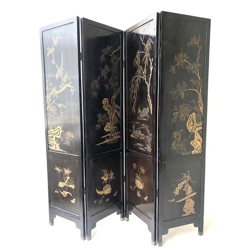 565 - CHINESE SCREEN, 172cm x 182cm H, early 20th century, yellow four fold, bone and stone mounted.