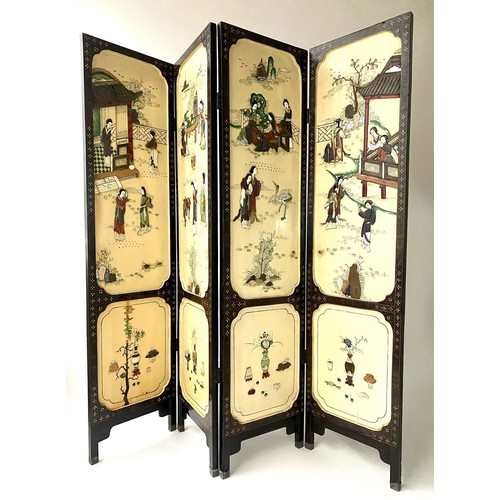 565 - CHINESE SCREEN, 172cm x 182cm H, early 20th century, yellow four fold, bone and stone mounted.