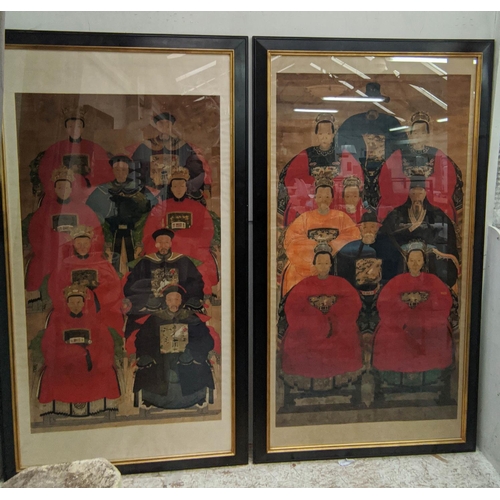 557 - CHINESE ANCESTRAL PORTRAITS, watercolors, pair on paper, probably 19th century, each framed, 210cm H... 