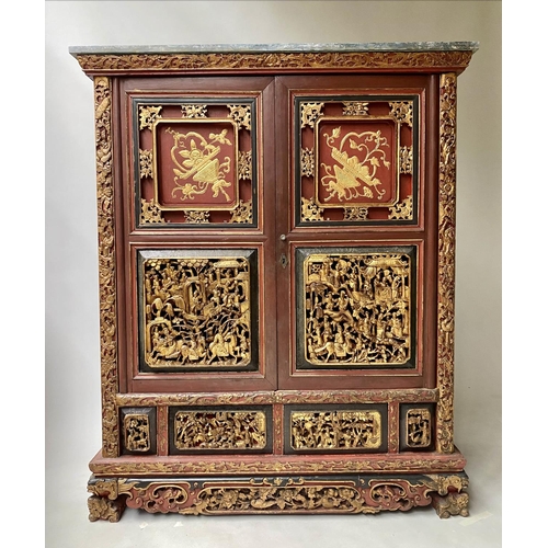 121 - CHINESE SIDE CABINET, 109cm W x 130cm H x 53cm D, 19th century, scarlet lacquered, carved and gilded... 