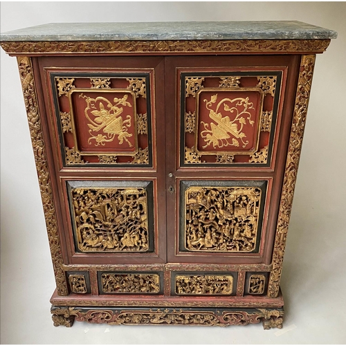 121 - CHINESE SIDE CABINET, 109cm W x 130cm H x 53cm D, 19th century, scarlet lacquered, carved and gilded... 