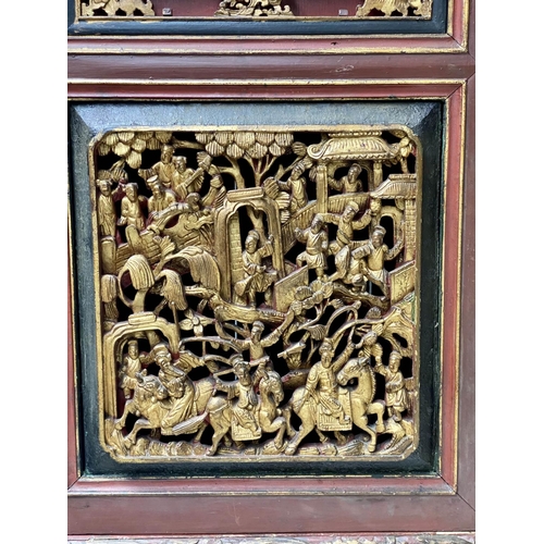 121 - CHINESE SIDE CABINET, 109cm W x 130cm H x 53cm D, 19th century, scarlet lacquered, carved and gilded... 