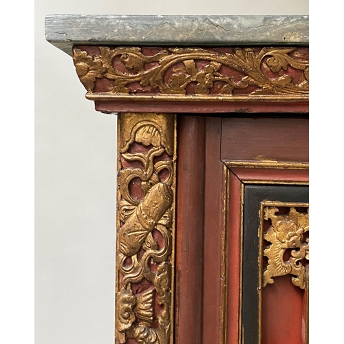 121 - CHINESE SIDE CABINET, 109cm W x 130cm H x 53cm D, 19th century, scarlet lacquered, carved and gilded... 