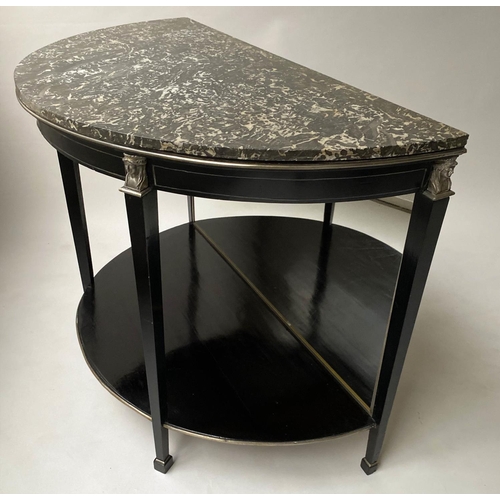 587 - CONSOLE DESSERTE, 83cm H x 107cm W x 54cm D, early 19th century French Empire, demi lune, ebonised w... 