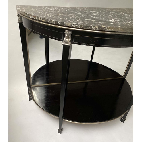 587 - CONSOLE DESSERTE, 83cm H x 107cm W x 54cm D, early 19th century French Empire, demi lune, ebonised w... 