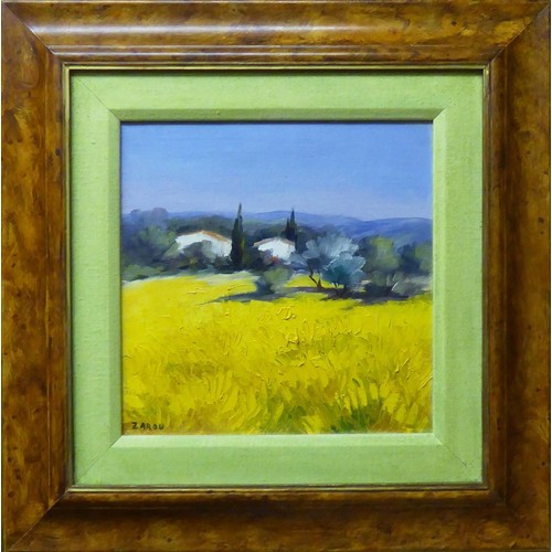 92A - VICTOR ZAROU (French, b.1930) 'Yellow Field', oil on canvas, signed lower left, 30cm x 30cm, framed.