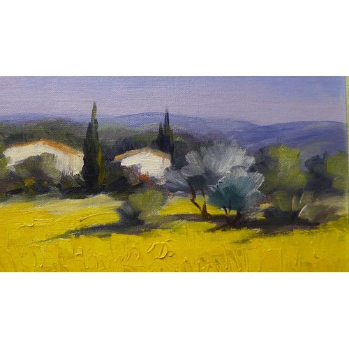 92A - VICTOR ZAROU (French, b.1930) 'Yellow Field', oil on canvas, signed lower left, 30cm x 30cm, framed.