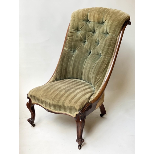 255 - SLIPPER CHAIR, Victorian carved mahogany, with buttoned striped green velvet upholstery.