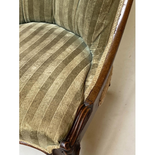 255 - SLIPPER CHAIR, Victorian carved mahogany, with buttoned striped green velvet upholstery.