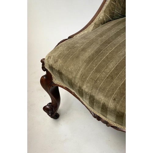 255 - SLIPPER CHAIR, Victorian carved mahogany, with buttoned striped green velvet upholstery.