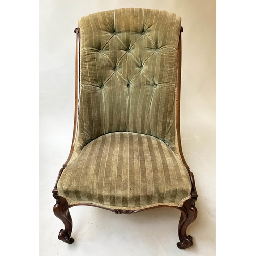 255 - SLIPPER CHAIR, Victorian carved mahogany, with buttoned striped green velvet upholstery.