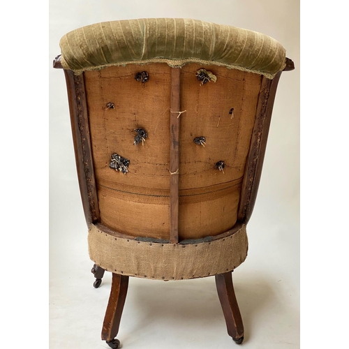 255 - SLIPPER CHAIR, Victorian carved mahogany, with buttoned striped green velvet upholstery.