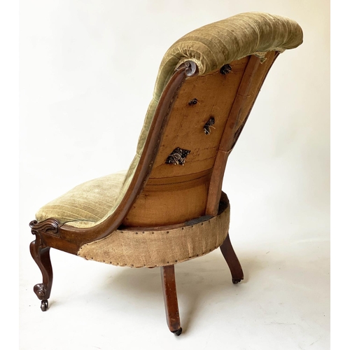 255 - SLIPPER CHAIR, Victorian carved mahogany, with buttoned striped green velvet upholstery.