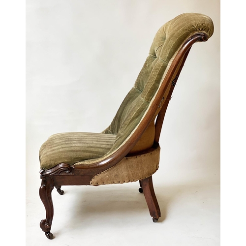 255 - SLIPPER CHAIR, Victorian carved mahogany, with buttoned striped green velvet upholstery.