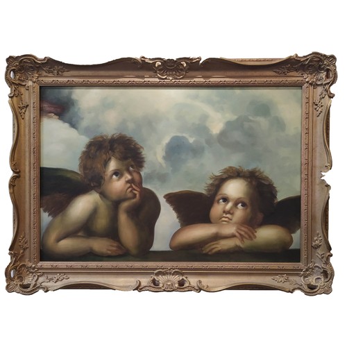 46 - AFTER RAPHAEL (Sanzio) 'Two Cherubs from the Sistine Madonna', oil on canvas, 46cm x 68cm, framed.