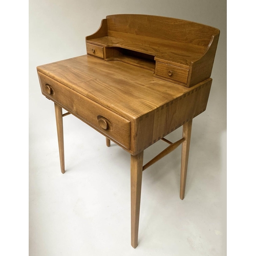 613 - ERCOL WRITING TABLE, 1970's Ercol solid elm with superstructure and drawer labelled Ercol, 69cm x 47... 