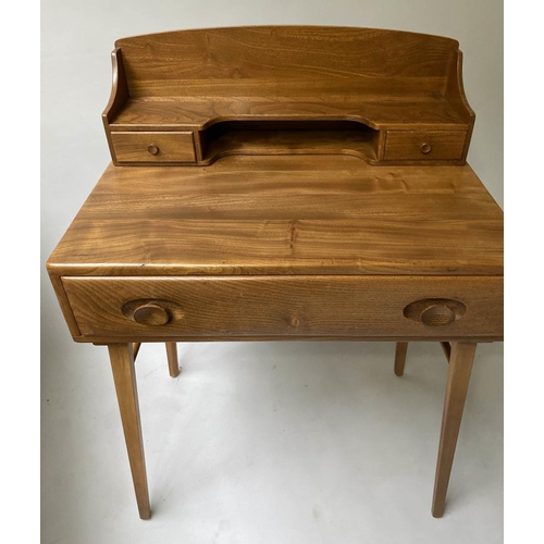 613 - ERCOL WRITING TABLE, 1970's Ercol solid elm with superstructure and drawer labelled Ercol, 69cm x 47... 