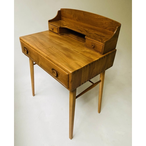 613 - ERCOL WRITING TABLE, 1970's Ercol solid elm with superstructure and drawer labelled Ercol, 69cm x 47... 