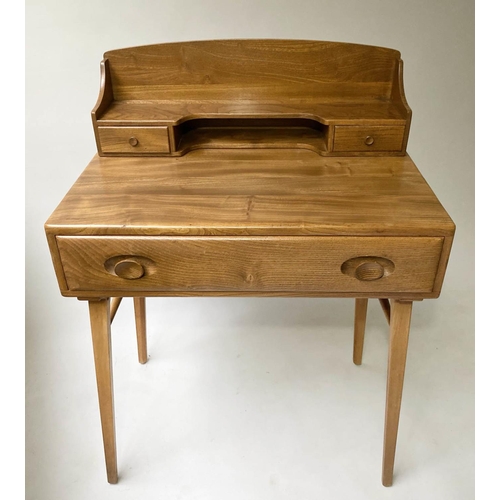 613 - ERCOL WRITING TABLE, 1970's Ercol solid elm with superstructure and drawer labelled Ercol, 69cm x 47... 