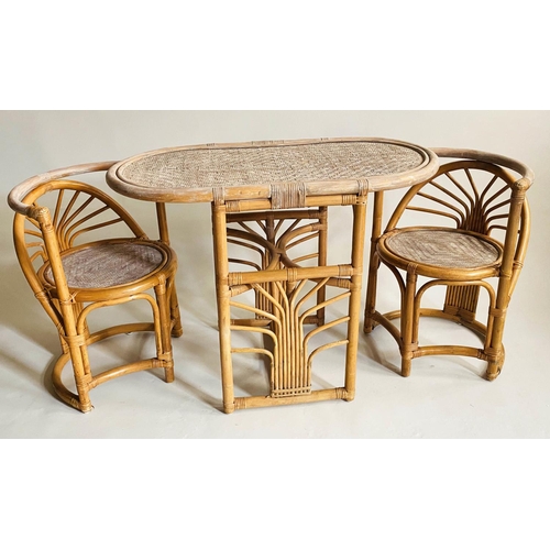 114 - TERRACE SET, rattan framed wicker panelled and cane bound, with two chairs and oval table, 101cm x 5... 