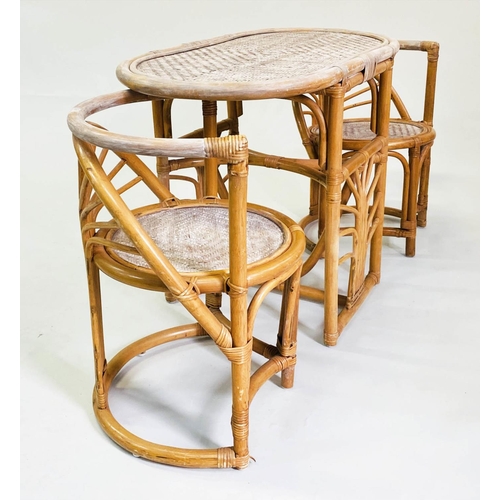 114 - TERRACE SET, rattan framed wicker panelled and cane bound, with two chairs and oval table, 101cm x 5... 