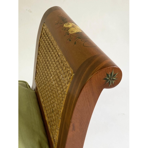 129 - WINDOW SEAT, Edwardian style painted satinwood with scroll upstand and cane seat and green moire cus... 