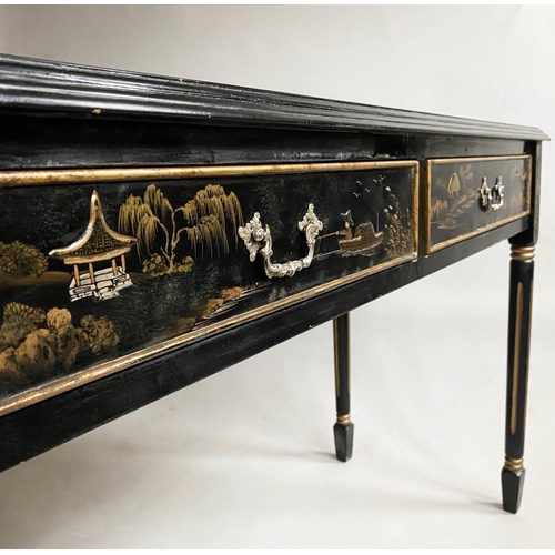 131 - WRITING TABLE, black lacquered and gilt Chinoiserie decorated with two frieze drawers, 122cm W x 49c... 
