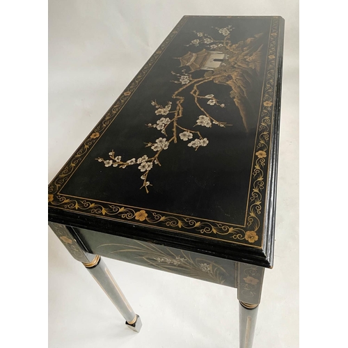 131 - WRITING TABLE, black lacquered and gilt Chinoiserie decorated with two frieze drawers, 122cm W x 49c... 