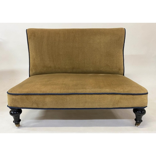 132 - HALL SOFA/BENCH, Victorian sage green velvet upholstered, with blue cord and ebonised supports with ... 