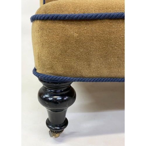 132 - HALL SOFA/BENCH, Victorian sage green velvet upholstered, with blue cord and ebonised supports with ... 