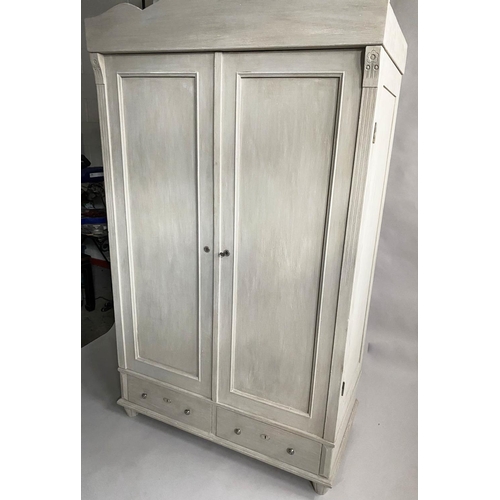 133 - ARMOIRE, 19th century French traditionally grey painted with two panelled doors enclosing hanging sp... 