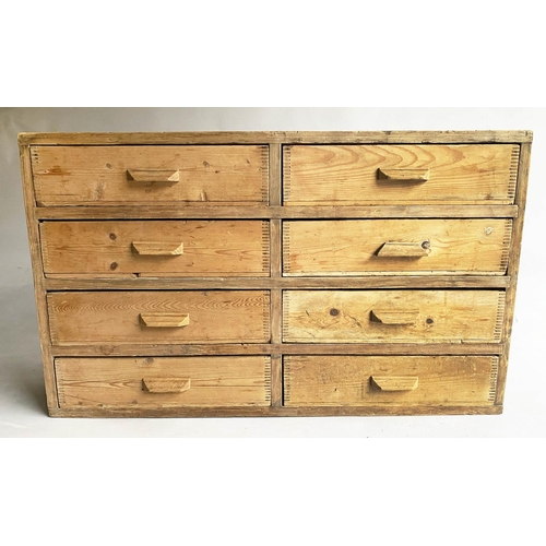 134 - ENGINEERS BANK OF DRAWERS, early 20th century jointed pine with eight drawers and bale handles, 93cm... 