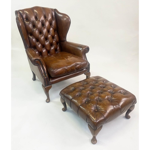 139 - WING ARMCHAIR, early Georgian style buttoned tan leather with matching footstool, chair 81cm W, stoo... 