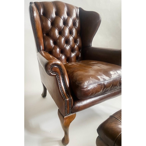 139 - WING ARMCHAIR, early Georgian style buttoned tan leather with matching footstool, chair 81cm W, stoo... 