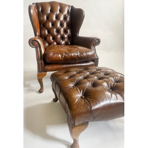 139 - WING ARMCHAIR, early Georgian style buttoned tan leather with matching footstool, chair 81cm W, stoo... 