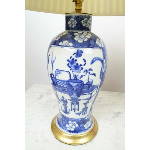 14 - LAMPS, a pair, Chinese blue and white on gilt bases with silk pleated shades. (2)