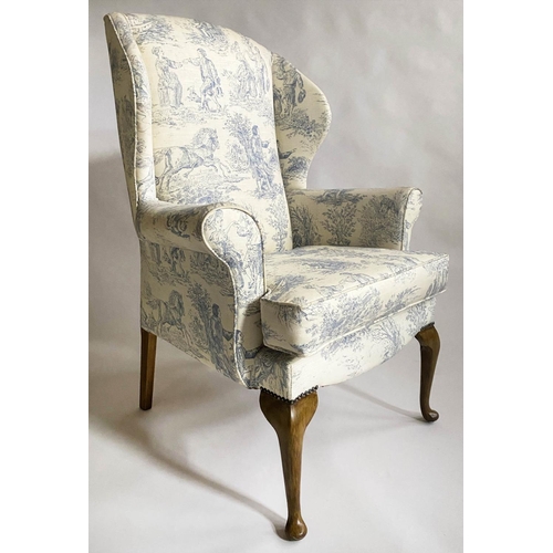 141 - WING ARMCHAIR, 116cm H x 82cm, early Georgian design with smoke blue toile de jouy printed cotton up... 