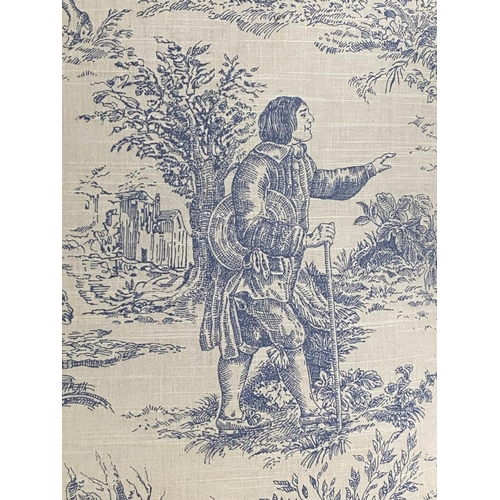 141 - WING ARMCHAIR, 116cm H x 82cm, early Georgian design with smoke blue toile de jouy printed cotton up... 