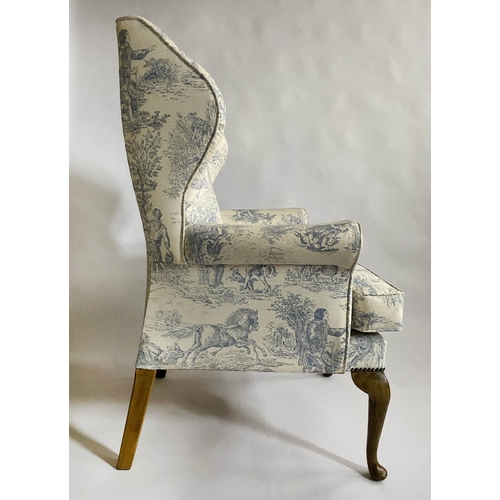 141 - WING ARMCHAIR, 116cm H x 82cm, early Georgian design with smoke blue toile de jouy printed cotton up... 