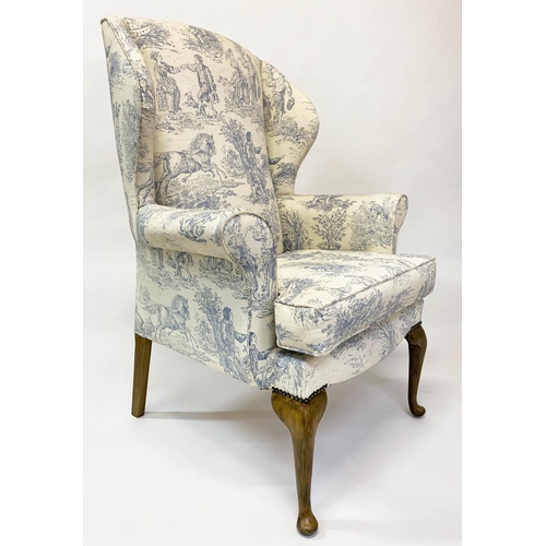 141 - WING ARMCHAIR, 116cm H x 82cm, early Georgian design with smoke blue toile de jouy printed cotton up... 