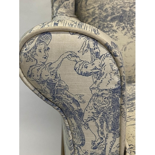 141 - WING ARMCHAIR, 116cm H x 82cm, early Georgian design with smoke blue toile de jouy printed cotton up... 