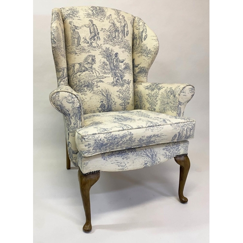 141 - WING ARMCHAIR, 116cm H x 82cm, early Georgian design with smoke blue toile de jouy printed cotton up... 