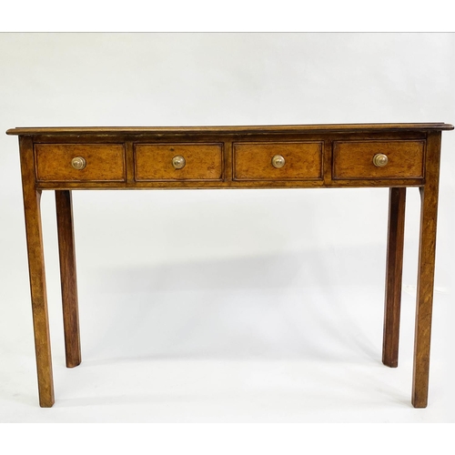 145 - HALL TABLE, George III design burr walnut and crossbanded with four short drawers, 111cm x 30cm x 76... 