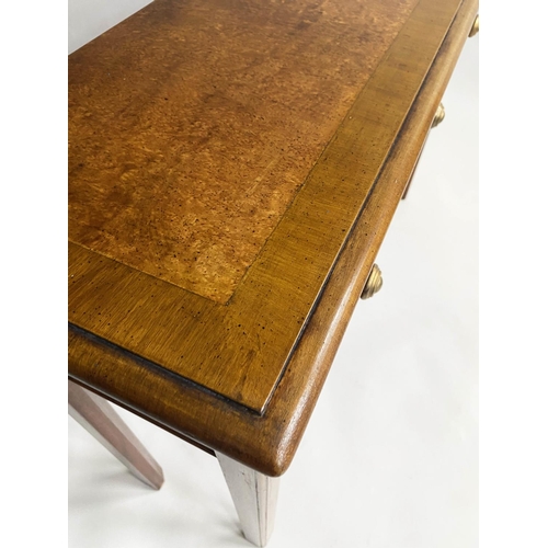 145 - HALL TABLE, George III design burr walnut and crossbanded with four short drawers, 111cm x 30cm x 76... 