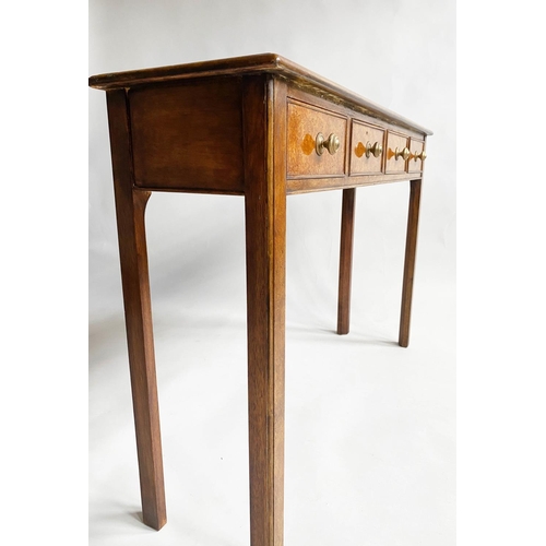 145 - HALL TABLE, George III design burr walnut and crossbanded with four short drawers, 111cm x 30cm x 76... 